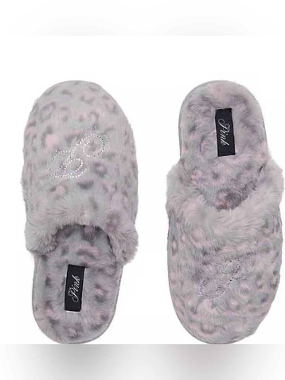 PINK Victoria’s Secret Faux Fur Slippers Leopard Gray Pink NWT Size L Cozy Plush